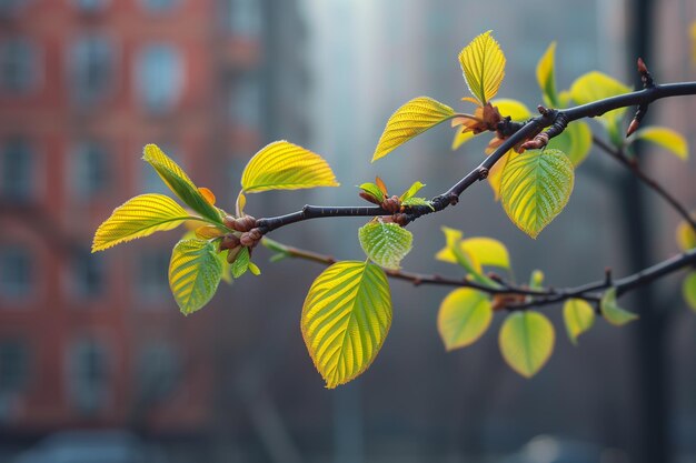 Foglie primaverili sull'albero sullo sfondo della città