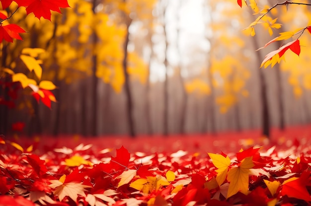 Foglie rosse che cadono nella foresta autunno sfondo sfocato con la luce del sole