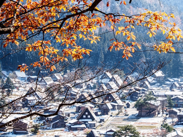 foglie rosse e neve in autunno nel villaggio di Shirakawa-go, in Giappone