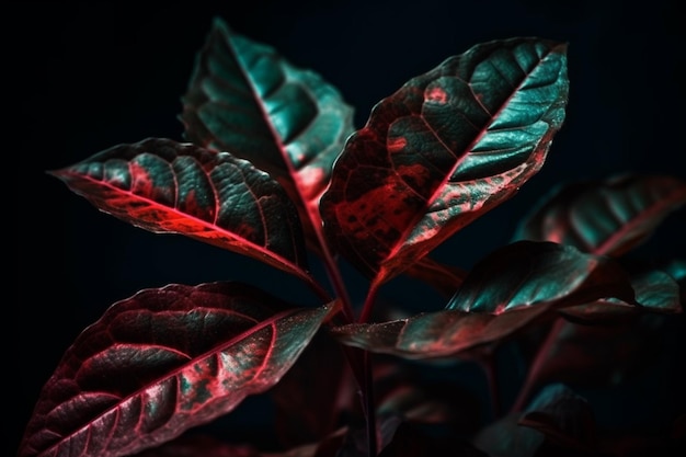 Foglie rosse e verdi di piante ornamentali su sfondo nero