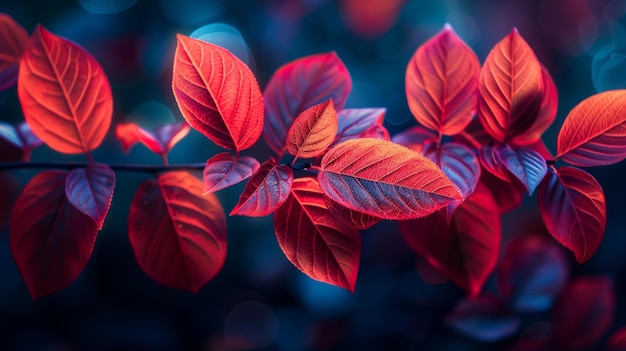 Foglie rosse su uno sfondo blu scuro