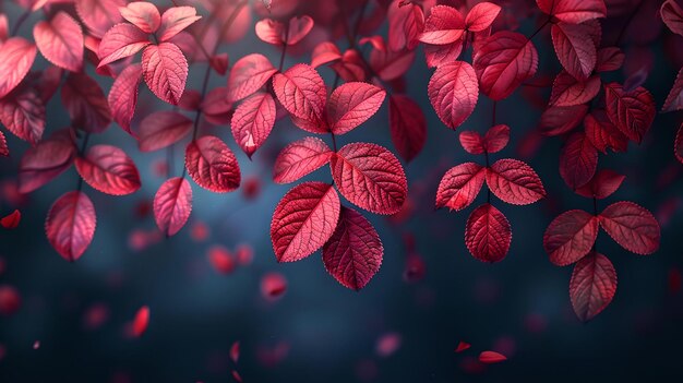 Foglie rosse vibranti che galleggiano sullo sfondo blu la natura incontra l'arte una scena d'autunno onirica per la calma e l'ispirazione AI