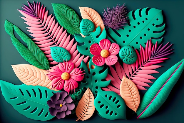 Foglie scolpite a mano e fiore di plastilina per decorazioni artigianali create con intelligenza artificiale generativa