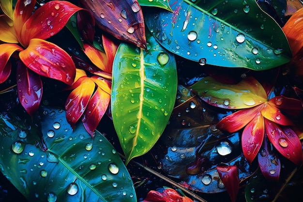 Foglie tropicali colorate con gocce d'acqua su di esse sfondo naturale