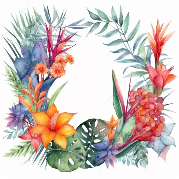 Foglie tropicali con cornice per foto con bordo di fiori Immagini Arte generata dall'intelligenza artificiale