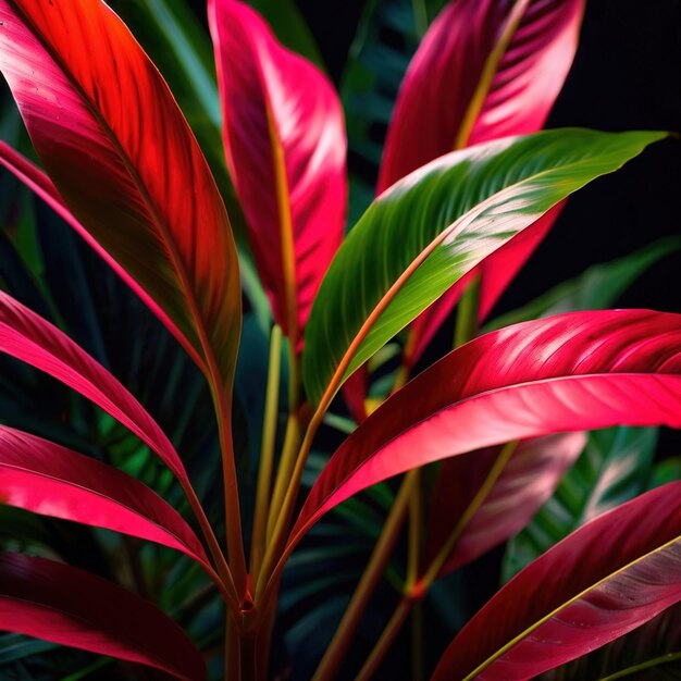 Foglie tropicali di colore neon brillante con sfondo nero carta da parati a consistenza astratta