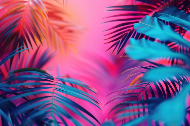 Foglie tropicali e di palma in colori holografici al neon a gradiente audace e vibrante