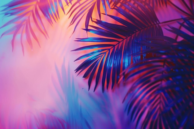 Foglie tropicali e di palma in colori holografici al neon a gradiente audace e vibrante