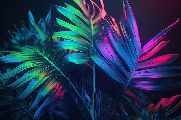 Foglie tropicali e di palma in vivaci colori sfumati al neon olografici sfumati Concept art AI generato