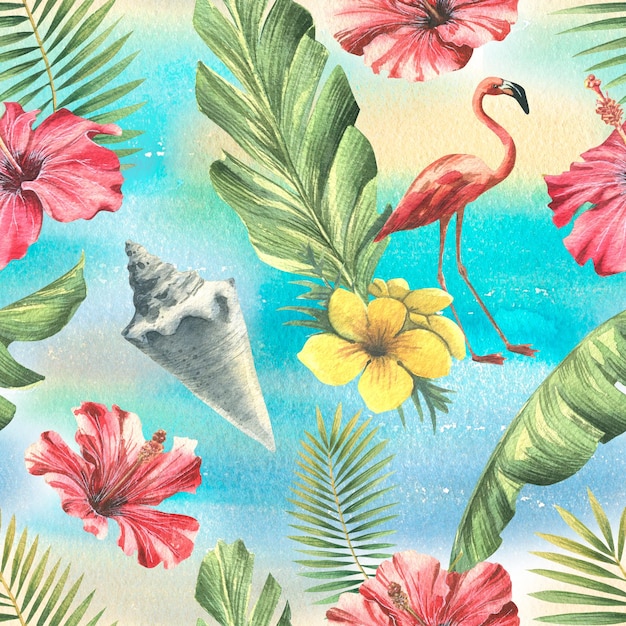 Foglie tropicali fiori di ibisco conchiglia e fenicottero rosa Illustrazione dell'acquerello Modello senza cuciture su sfondo blu della collezione CUBA Per l'imballaggio di carta da parati in tessuto tessile