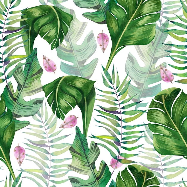 Foglie tropicali Modelli senza cuciture di foglie tropicali nei colori verde e rosa su sfondo bianco