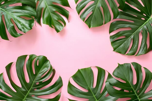 foglie tropicali Monstera su sfondo rosa Flat lay top view generative ai