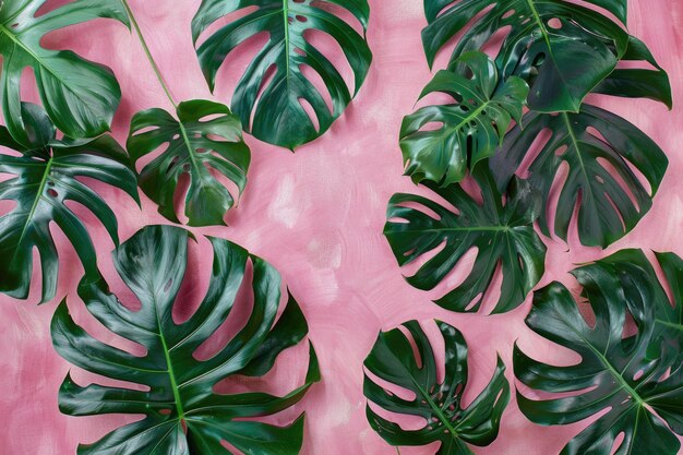 Foglie tropicali Monstera su sfondo rosa Vista superiore piatta