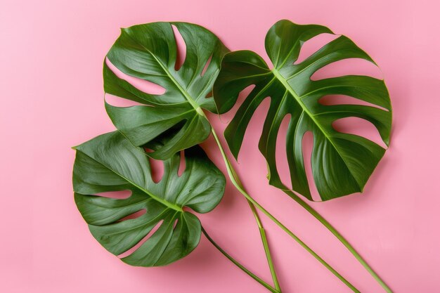 Foglie tropicali Monstera su sfondo rosa Vista superiore piatta