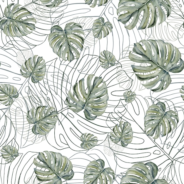 Foglie tropicali motivo senza giunture Foglie di Monstera motivo senza giunture Foglie di Monstera su sfondo isolato acquerello dipinto a mano illustrazione floreale motivo senza giunture disegno della giungla