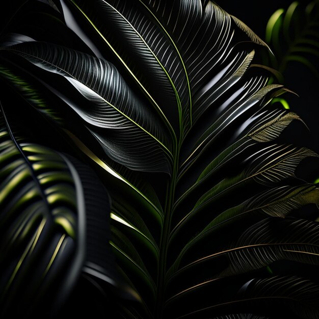 Foglie tropicali realistiche dettagliate sotto un proiettore in una stanza buia sullo sfondo nero
