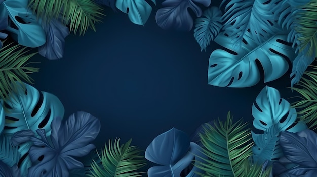 Foglie tropicali su uno sfondo blu scuro
