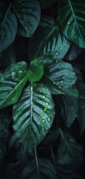 Foglie tropicali verdi backgorund con gocce d'acqua Generativo Ai