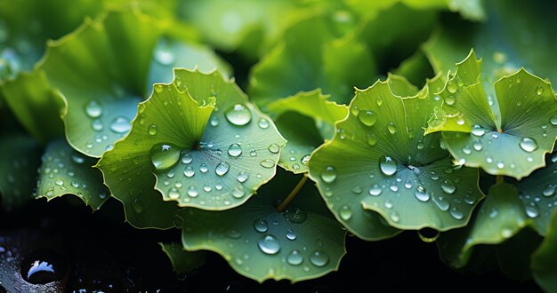 foglie verdi arafed con gocce d'acqua su di loro in un giardino generativo ai