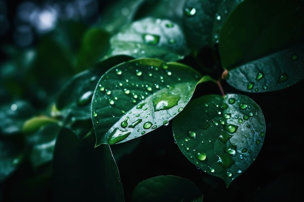 Foglie verdi con gocce d'acqua su di esse, le foglie sono coperte di goccioline d'acqua.