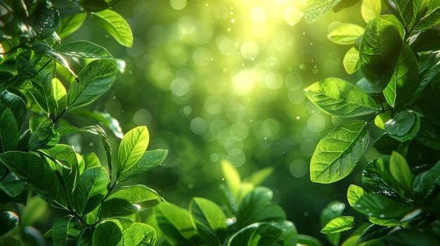 Foglie verdi con luce solare e sfondo bokeh sfondo naturale