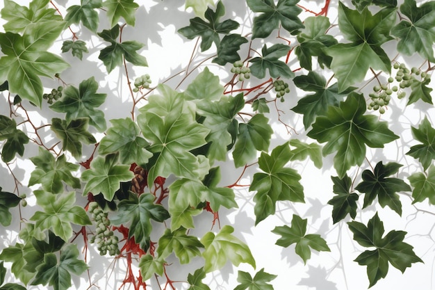 Foglie verdi della pianta dell'edera sulla vista superiore del fondo bianco della parete