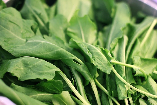 Foglie verdi di rucola in ciotola d&#39;argento