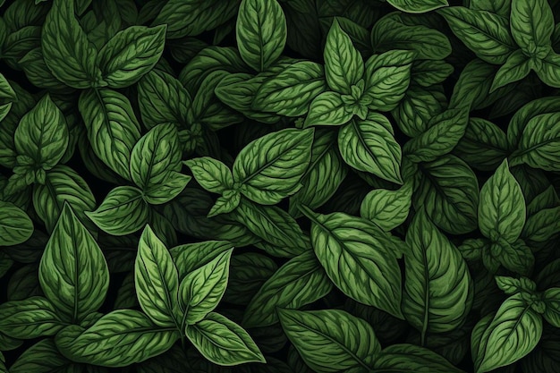 foglie verdi di una pianta con foglie verdi su sfondo scuro.