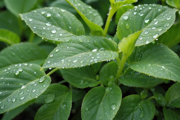 Foglie verdi di una pianta con gocce di rugiada