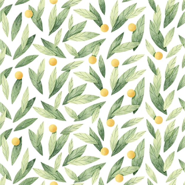 Foglie verdi e bacche gialle motivo senza cuciture Illustrazione botanica Carta da parati con foglie carine