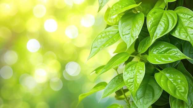 Foglie verdi fresche con la rugiada mattutina sullo sfondo della natura vibrante.