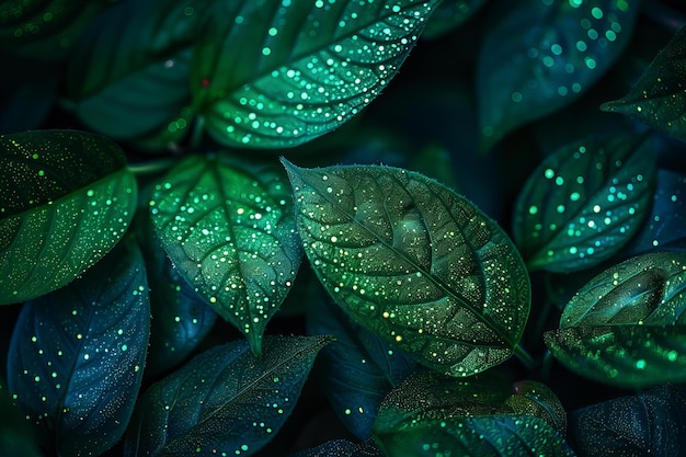 Foglie verdi luminose con gocce di rugiada scintillanti di notte