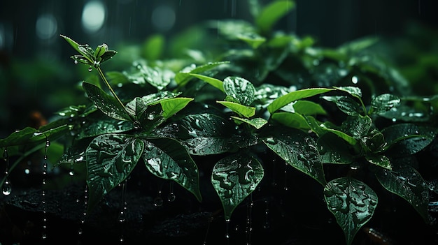foglie verdi naturali con gocce di pioggia dopo un temporale nella foresta tropicale Closeup di erba