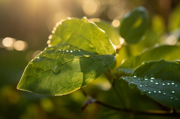 Foglie verdi sotto i raggi del sole nascente del mattino e gocce di rugiada generate dall'intelligenza artificiale