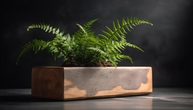 Foglie verdi su tavolo di legno in vaso generato da AI