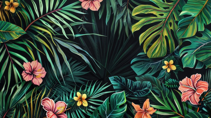 Foto foglie verdi tropicali con fiori luminosi