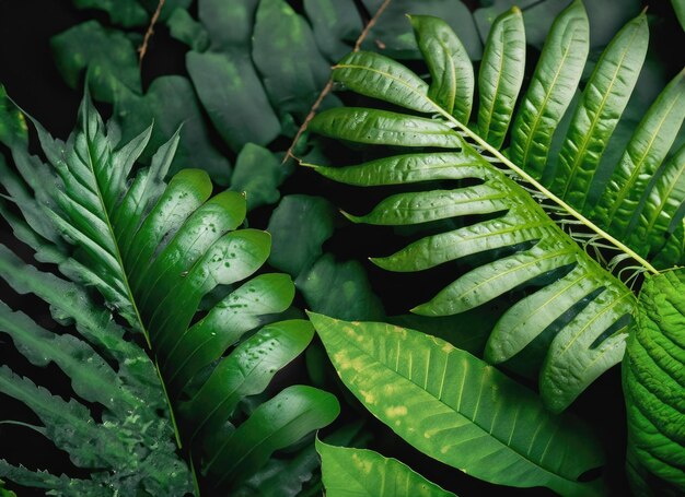 Foglie verdi tropicali su sfondo scuro natura concetto di pianta della foresta estiva AI Generato