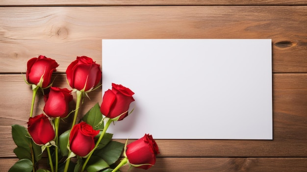 Foglio bianco di carta circondato da rose rosse su uno sfondo di legno IA generativa