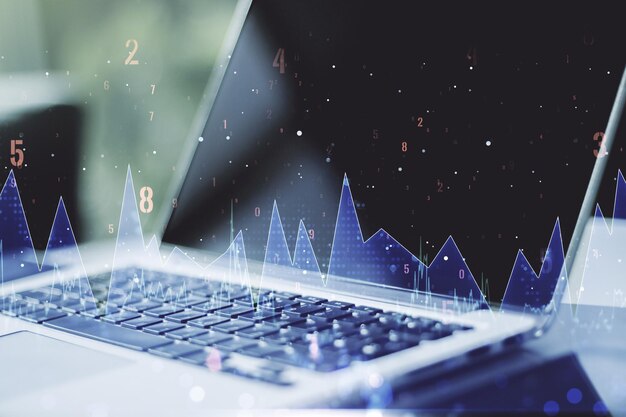 Foglio di calcolo astratto di dati di analisi creativa sul concetto di analisi e analisi di sfondo del computer moderno Multiesposizione