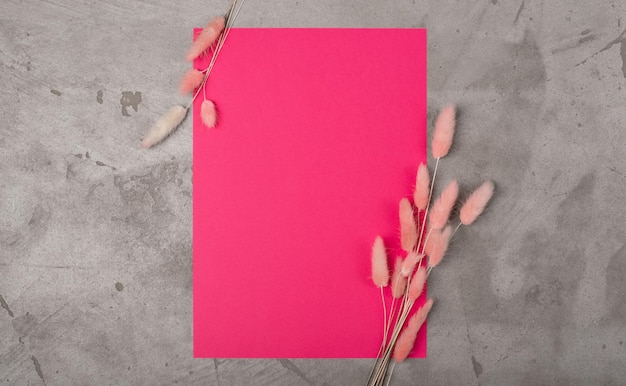 Foglio di carta bianco fucsia e fiori secchi su uno sfondo di cemento Copia spazio piatto la