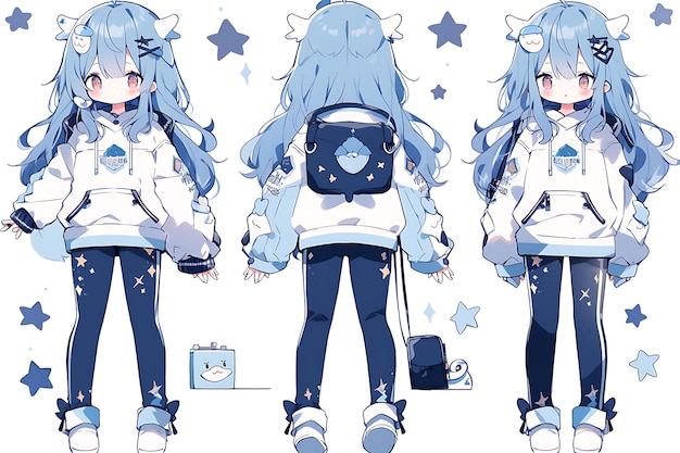 Foglio di consegna del design del personaggio di una ragazza anime. Modello di personaggio anime in stile moda Kawaii carino