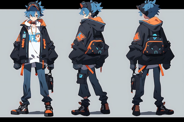 Foglio di consegna di concept art di personaggi anime 2D che mostra diversi stili di moda e abbigliamento