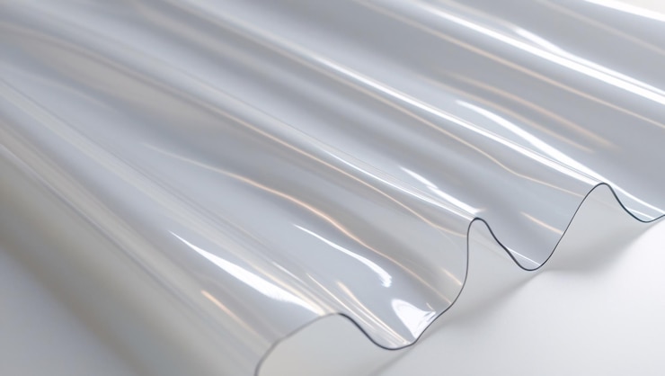 Foto foglio di plastica trasparente rugoso con sottili riflessi di luce