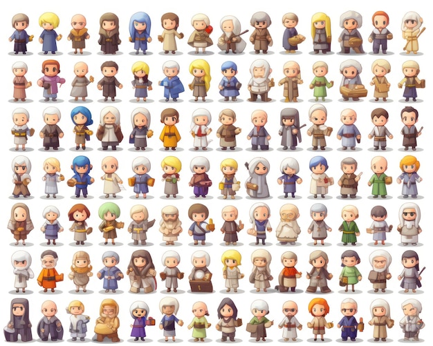 foglio sprite del personaggio del gioco dell'illustrazione NPC isolato su sfondo bianco riferimento di progettazione del gioco