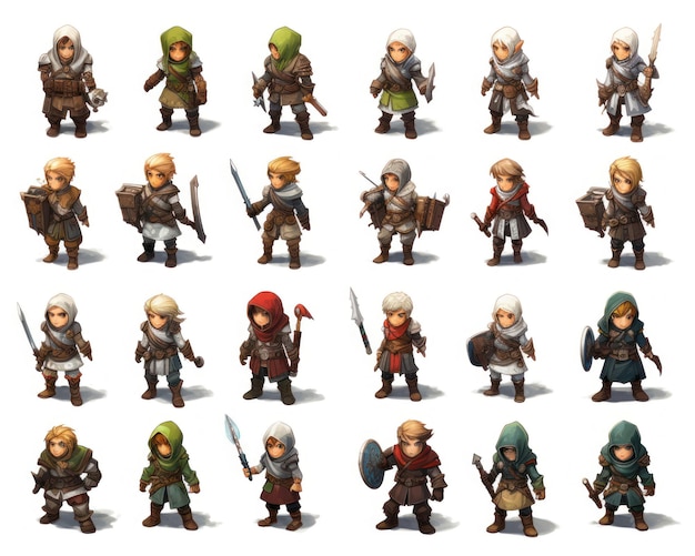 foglio sprite del personaggio del gioco dell'illustrazione NPC isolato su sfondo bianco riferimento di progettazione del gioco