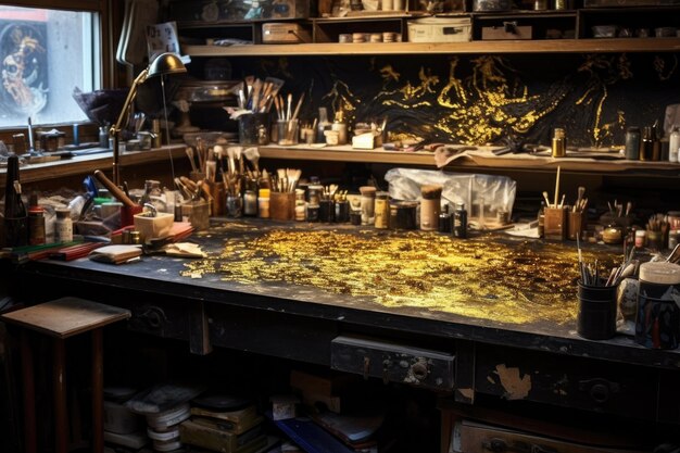 Folio d'oro battuto su un banco di lavoro artigianale creato con AI generativa