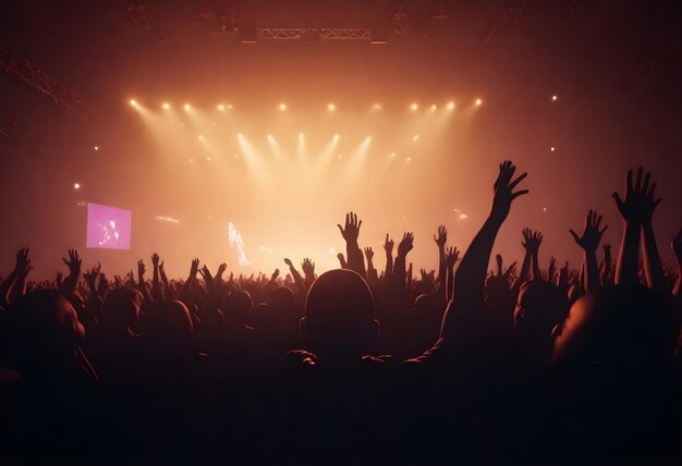 Folla a un concerto con le mani alzate in silhouette contro un palco illuminato con luci