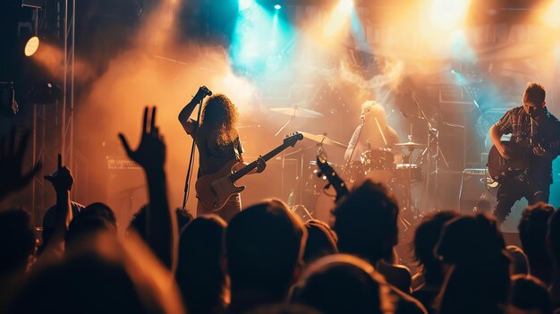 Folla a un concerto rock con un chitarrista e un batterista dai capelli lunghi sullo sfondo