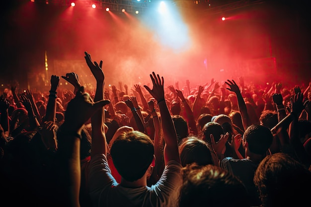folla a un festival musicale con le mani alzate davanti al palco Folla che esulta a un concerto di musica dal vivo e alza le mani in alto Generato dall'intelligenza artificiale