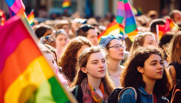 Folla che alza e tiene bandiere arcobaleno durante il gay pride gay multirazziali che si divertono con l'orgoglio
